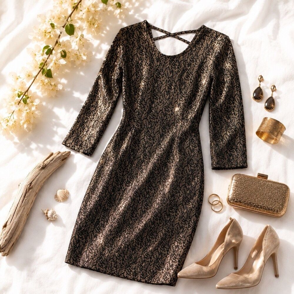 Haute Monde Black Gold Metallic Bodycon Cocktail Dress XL